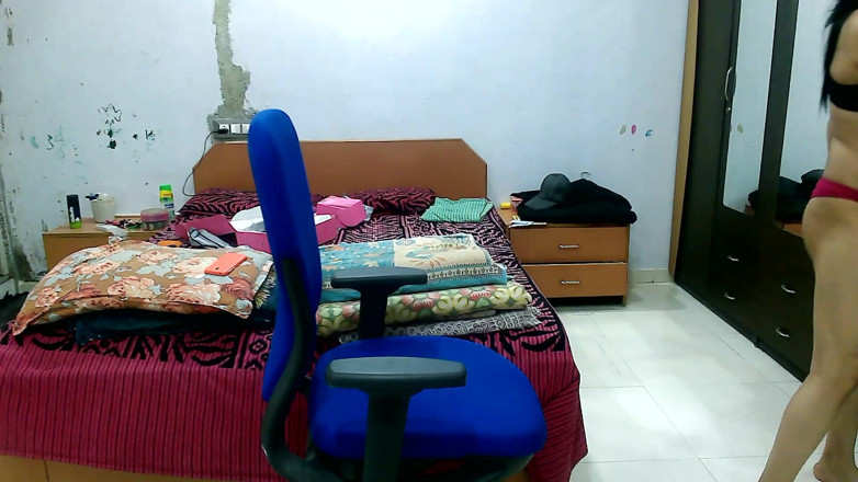 Cute & Nude Crossdresser: Crossdresser sitting on the chair with bra-panty in front of...