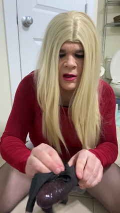 The Real Part 2 of Sexy Crossdresser Wearing a Fake Pussy and Heels Stockings Fucking Heralded with a Dildo