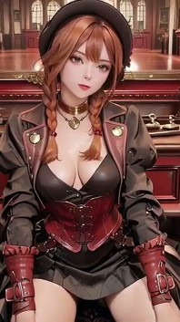 Gadis steampunk rambut merah! Bodysuit hitam menggoda dengan latar belakang putih murni, dari berdiri elegan hingga tatapan berlutut.