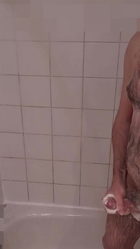 Daddy Jerks off in Shower. Soapy, Uncut, Voyeur Cam