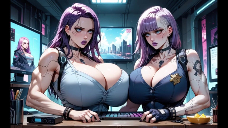 Hot girl dancing: Twee Cyberpunk-vrouwen trekken kleren uit en kussen, (ai-animatie)