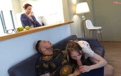 Hot Naughty Girl Seduces Her Stepmother's Lover and He Fucks Them Both Hard in the Mouth with His Huge Dick!