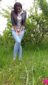 Desperate Skinny Girl in Jeans Trying to Hold Her Pee in the Forest