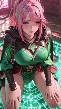 The Pink-haired Mage's Seduction! Kneeling on Soft Sheets in Her Green Bodysuit, She Bites Her Lip with a Gaze