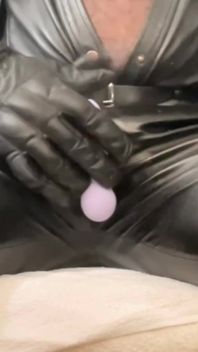 Black Leather Vibrating Toy Cock Fondle & Nipple Play