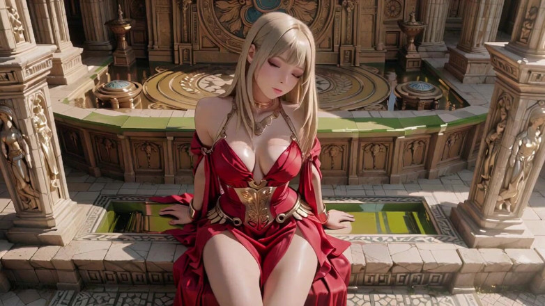 Seraphina Vale: ราชินีผมบลอนด์ในสีแดง! นั่งข้างน้ําพุ ปรับชุดเดรสผ่าตัด ตาล็อคอยู่กับคุณ