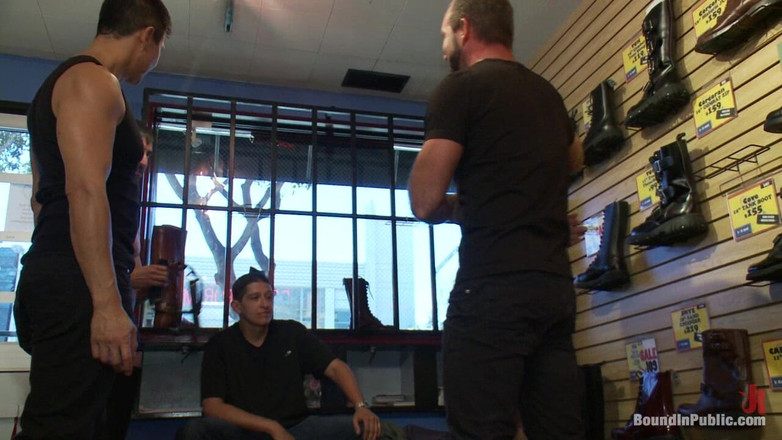 Bound in public: Use and Humiliate a Blond Stud at Stompers Boots.