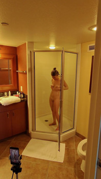 Hubby Checking up While I'm Shooting a Little Shower Video