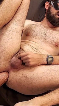 Hairy Man with Tiny Penis Fuck His Ass with Giant Dildo