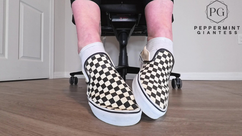 Peppermint Giantess: Sneaky Office Foot Tease in Checkerboard Vans - Toe-only Strip &amp; Intense...