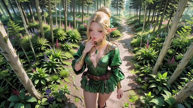 Seraphina Vale: 森林精灵女王！她跪在斑驳的阳光下，指尖跟踪工作人员，因为她湿了。