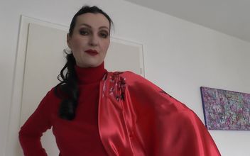 Lady Victoria Valente Showed Elegant Satin Headscarves with a Red Cashmere Turtleneck Sweater