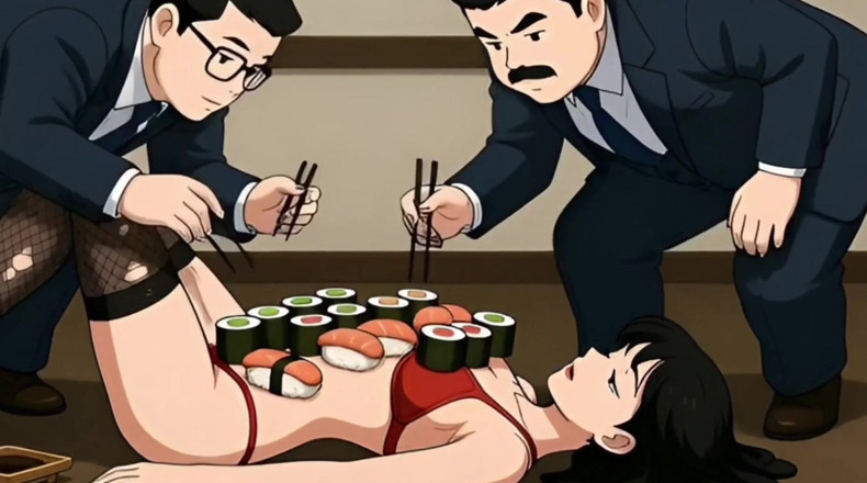 Octopussy Lovers Club: Sushi-mädchen: reiche typen essen essen vom körper einer sexy schlampe...