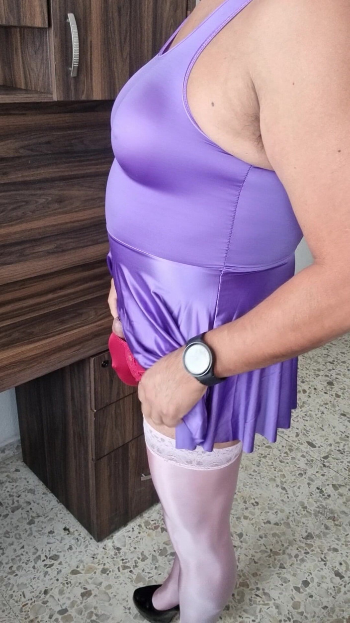 Sexy shinny clothes: Modeling My Sexy Purple Dress, Now with Red Satin Panties...