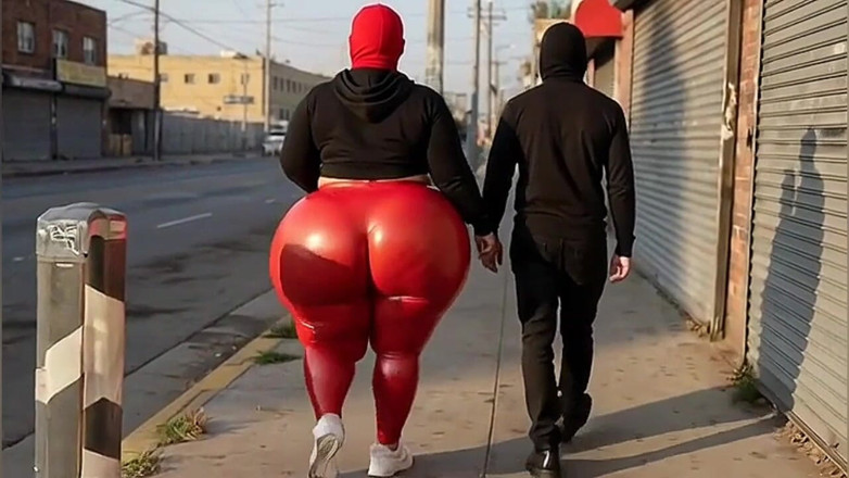 Animate golden: Ragazza culona che cammina in leggings stretti per strada