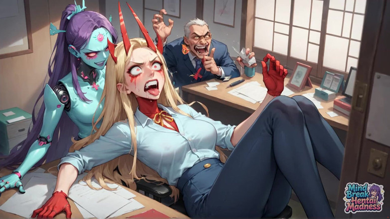 Mind Break Hentai Madness: Manajer berambut putih dikelilingi oleh badai dildo merah, menciptakan adegan...