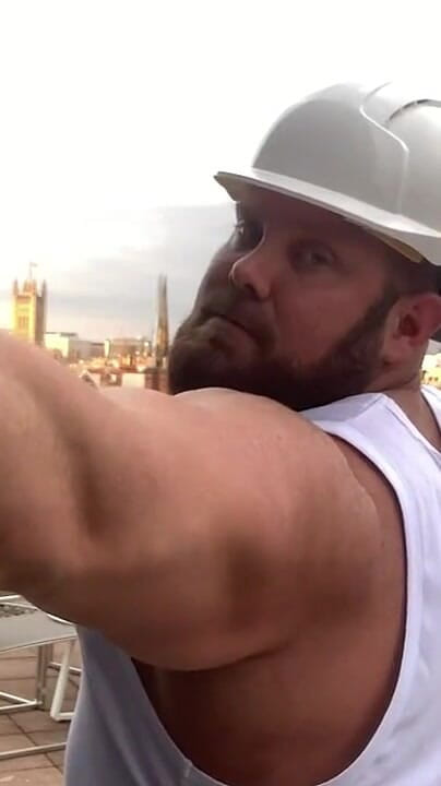 Builder Iron Bending Muscle Flexing and Measuring (Jack stacked)