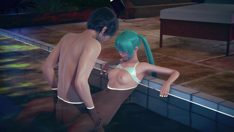 Waifu club 3D: Miku komt klaar in het zwembad van een grote pik