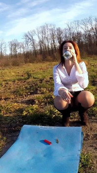 Skinny Readhead Smoking and Laughing Outdoor While Touching Her Pussy Trough Pantyhose