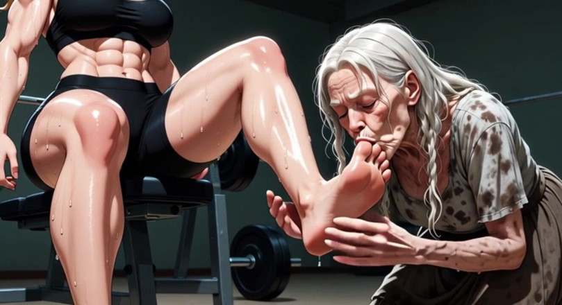 YOUR BEST FANTASY: Ältere oma verehrt muskulöse füße von domme im fitnessstudio