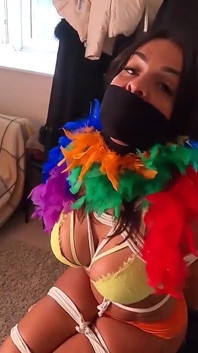 Latina Bound Tight and Gagged with Different Gags! While Wearing Feather Boa and Different Fur Parkas (smaller Size)