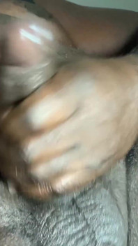 Gay Stepdaddy bear jerking off black cock solo resulted in massive cum loads & moaning