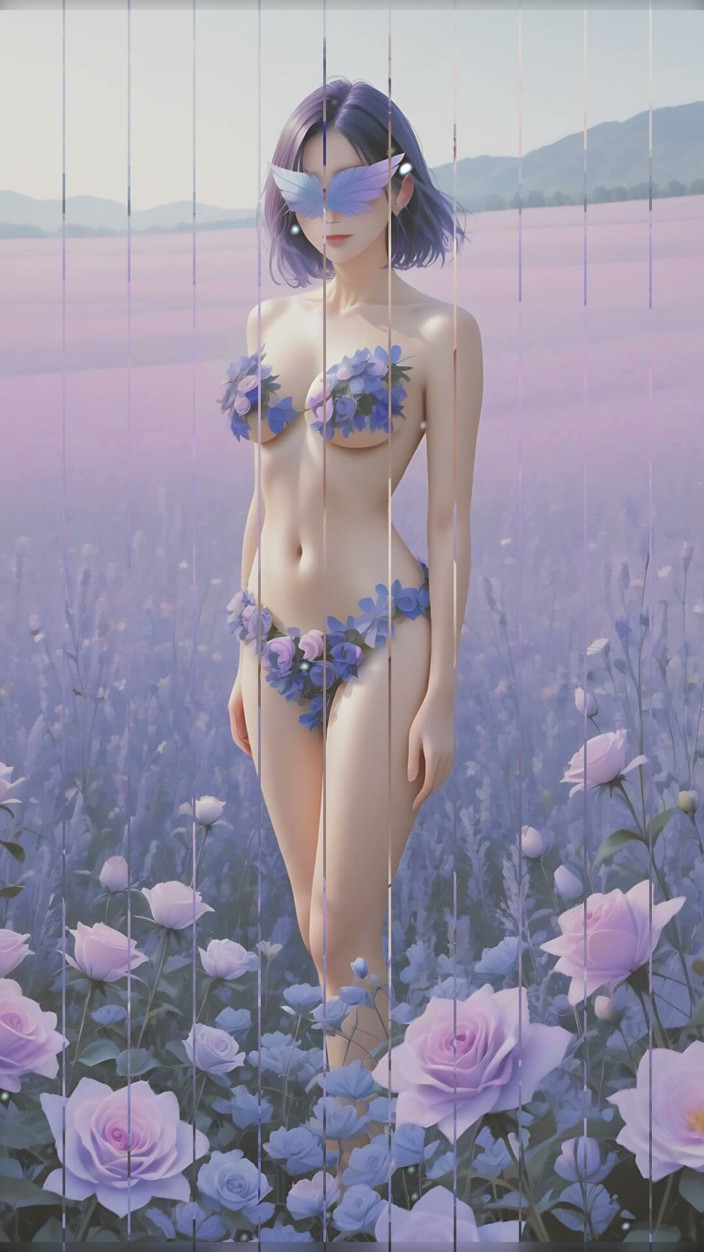 LustRender: Nude Muse Among Lavender-rose Blooms