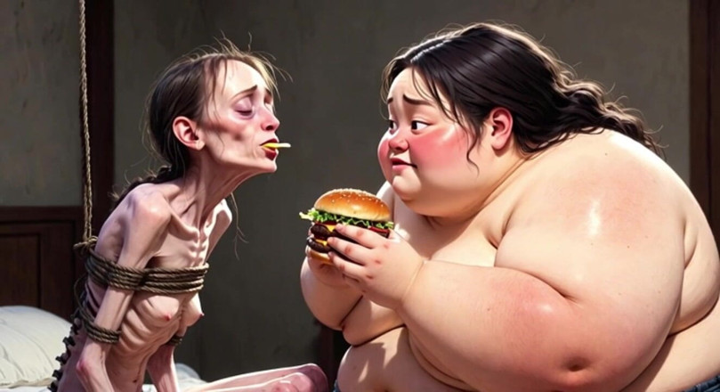 YOUR BEST FANTASY: Ragazza magra si nutre da una donna grassa enorme - contrasto...