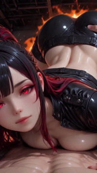 Hell Huntress Vexara - puertas de fuego en primer plano - ai generada