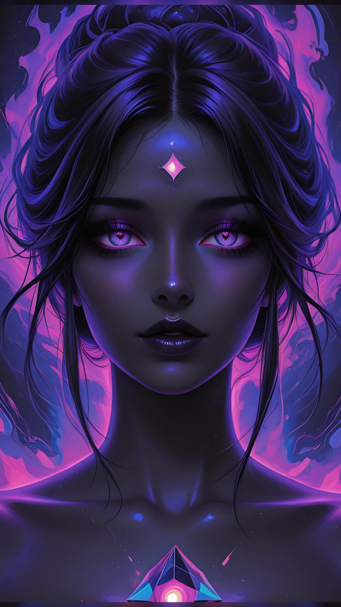 VelvetInk Studio: Mystische kosmische göttin mit glühenden violetten augen, dunkle fantasie-ai-kunst-diashow