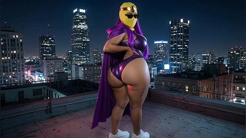 Animate golden: Petite Big Ass Purple Superheroine Twerking on the Rooftop