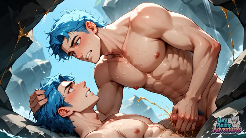 Gay Anime Adventures: Modrovlasá svalová orgie v zasněžené jeskyni! Gay XXX porno!