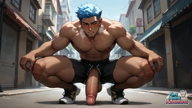 Gay Anime Adventures: Two Ripped Studs Clash on a Sunny Street, with the...
