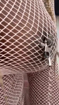 Walking Around in Fishnet Dress Fucking My Pussy on Public Staircase
