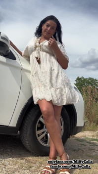 White Dress Tease by the Car Flirty Panty & Bra Reveal with an American MILF