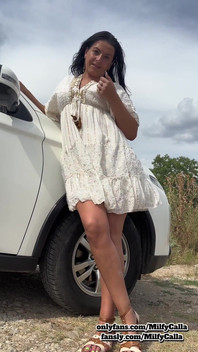 White Dress Tease by the Car Flirty Panty & Bra Reveal with an American MILF