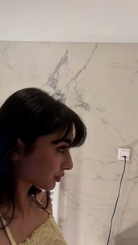 Amazingly Beautiful Hot Brunette Babe in the Bathroom Takes Her Thong off Under White Mini Tennis Skirt to Flash Shaved Pussy