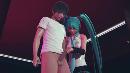 Waifu club 3D: Miku jerks off cock to guest in public