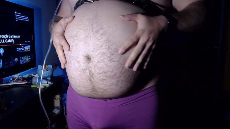 Akevantelico91: Belly inflation in purple boyshorts