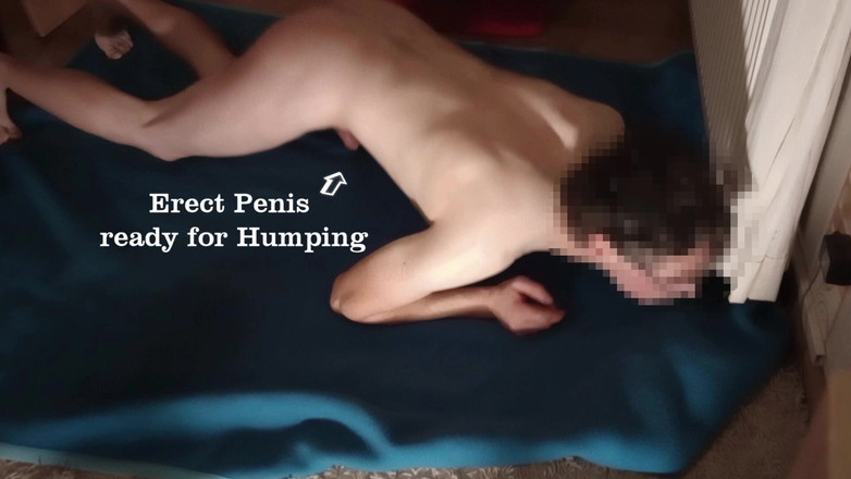 Mark Hannes: Naakte bultmasturbatie op een blauw tapijt