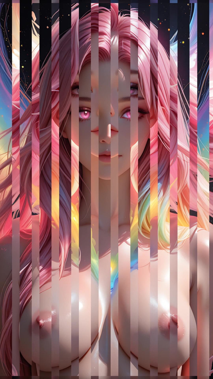 VelvetInk Studio: Bellezza cosmica arcobaleno con incandescenti occhi rosa fantasy ritratto ai...