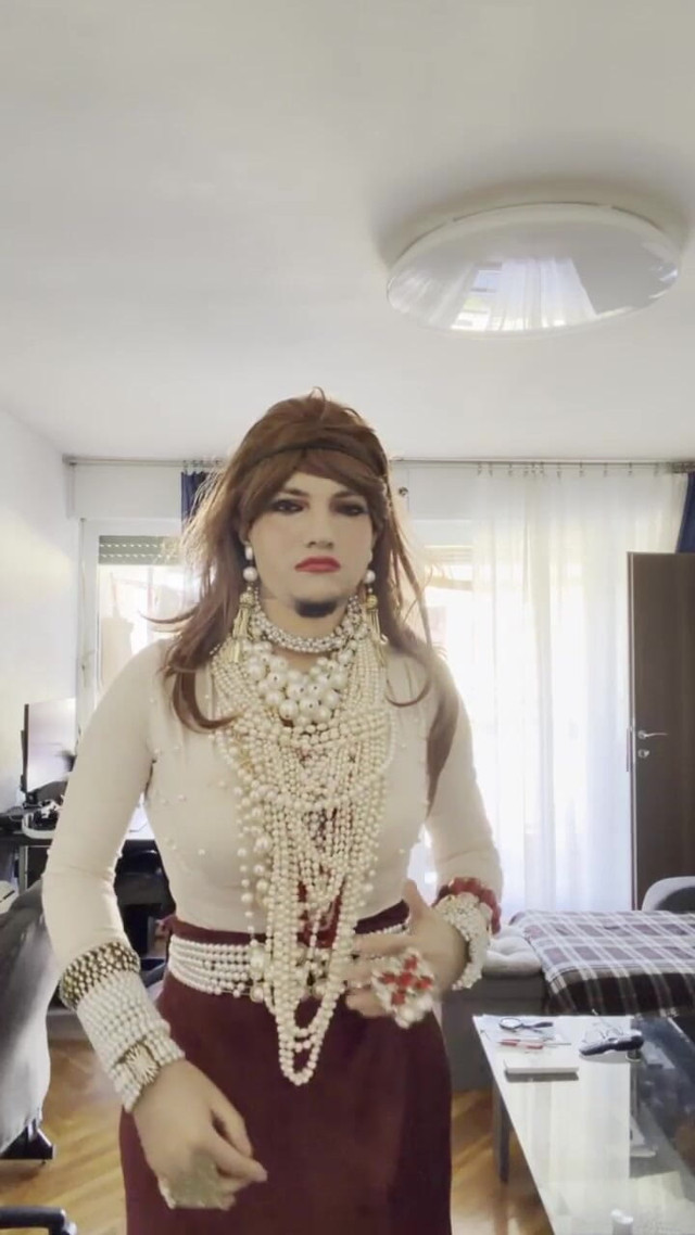 Crossdresser Walking Around the Apartment Showing High Heels and Lovely Pearls (Vanesa Cross)