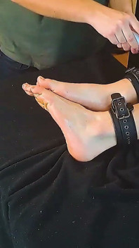 Pitch Trapped Barefoot Footballer Baron Locked in the Tickle Stocks