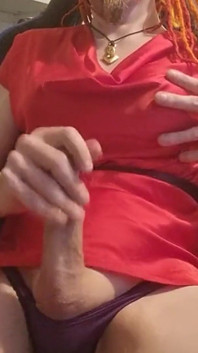 Having a Wank Break at Work in Some Sexy Red Satin