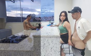 Fucking Hot Wife in the Kitchen Until She Cums While the Cuckold Washes the Dishes