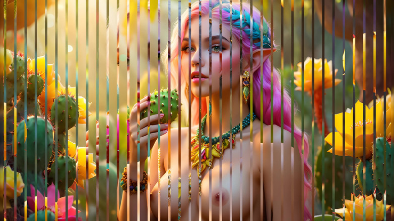 LustRender: Mooi naakt elfmeisje met grote borsten met cactuspeer