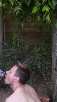 Philip fucked bareback by 2 top boys in the garden and creampied