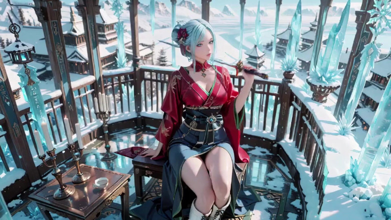Seraphina Vale: Ice Throne! Kırmızı-yeşil elbiseli gümüş saçlı mage diz çöküyor, mavi saçlı...