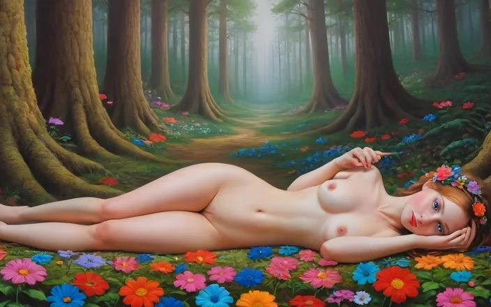 AI Girls: Nude Elf Girl Laying in the Colorful Garden