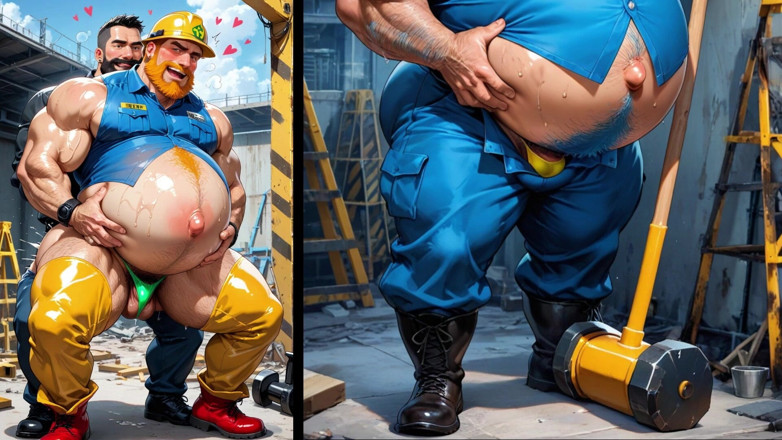 Trans-Men FTM Hentai: Baculatý, těhotná transka ošukaná svými stavebními spolupracovníky. Bara Hentai Animace.
